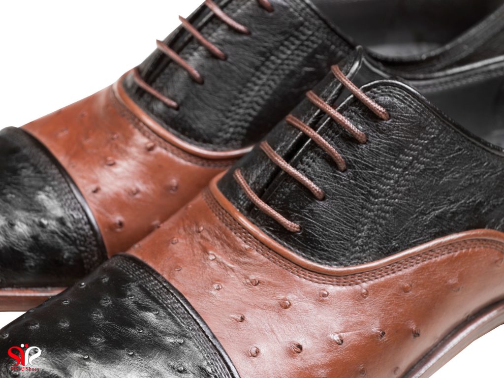 کفش شیک مجلسی مردانه با چرم طبیعی شترمرغ رنگ ترکیبی مشکی و قهوه ای مدل شایان