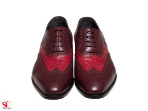 چرم ترکیبی رنگ زرشکی گاوی و شترمرغ برای کفش چرم مدل ارس سی سی تبریز