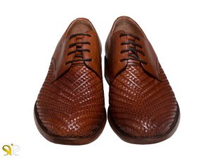 چرم رنگ عسلی کفش دامادی مدل بافتی سی سی - کفش تبریز