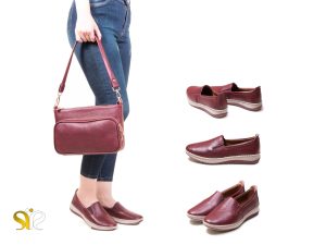 کفش تخت دخترانه چرم دل ماندی زرشکی برای استفاده روزمره و دانشگاه