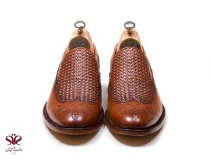 کفش مردانه مجلسی مدل مانچو بافتی عسلی