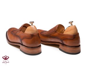 کفش مردانه پاشنه چرمی و سر پاشنه رابر مدل مانچو بافتی عسلی