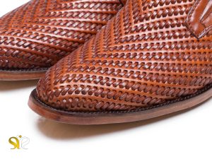 کفش مجلسی مردانه با چرم بافته شده مدل بافتی پلاس عسلی