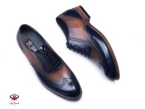 کفش مجلسی مردانه دستدوز مدل لیدر پلاس سرمه ای عسلی 7