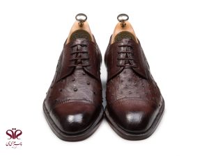 کفش چرم مجلسی مردانه رنگ قهوه ای چرم شترمرغ مدل رامتین پلاس