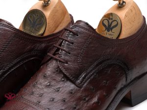 کفش چرم مجلسی مردانه رنگ قهوه ای چرم شترمرغ مدل رامتین پلاس